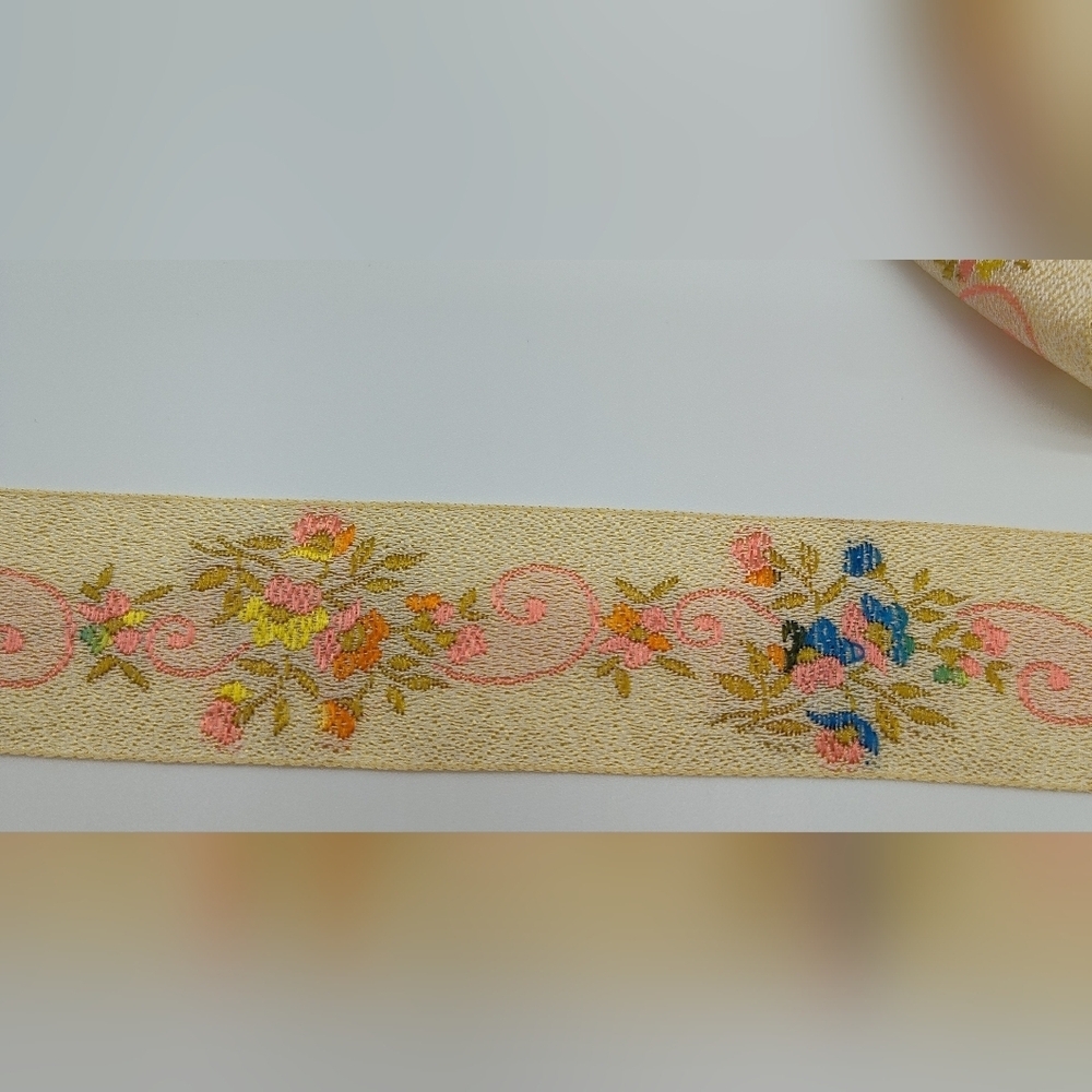 Vintage Japanese Jacquard Floral Ribbon Trim Ivory Gold Three (3) Yards - Picture 2 of 8